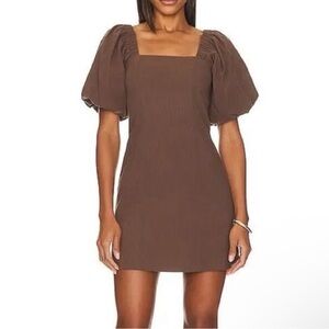 SNDYS Tuscany Linen Brown Mini Dress with Puff Sleeves, Size XSmall